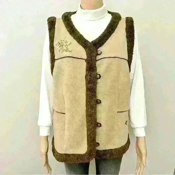 Vintage Oversized  Nature Tone Beige Fleece Button Down Vest with Faux Fur - Picture 1 of 12